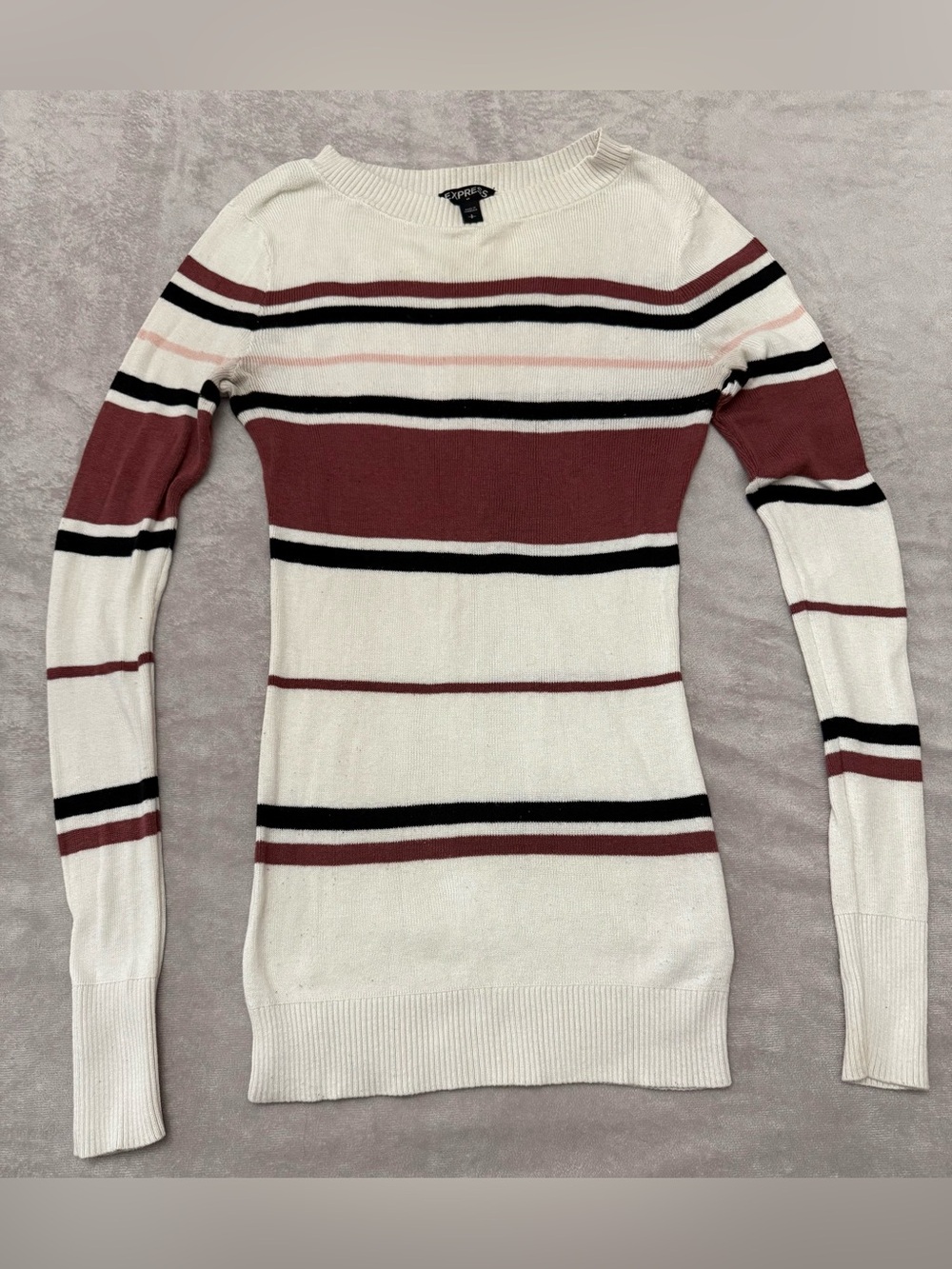 Express Women’s Small Striped Sweater White Burgundy Cotton Blend Long Sleeve